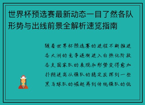 世界杯预选赛最新动态一目了然各队形势与出线前景全解析速览指南