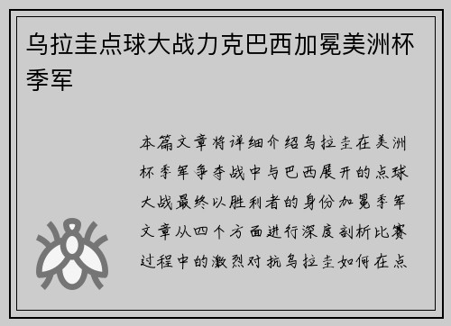 乌拉圭点球大战力克巴西加冕美洲杯季军