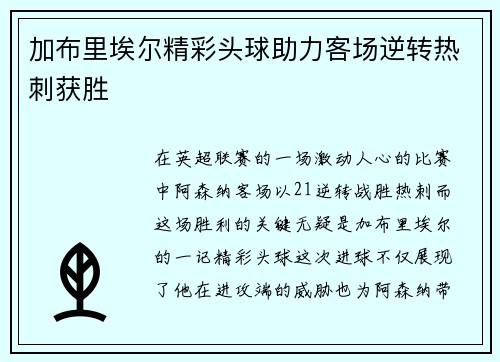 加布里埃尔精彩头球助力客场逆转热刺获胜
