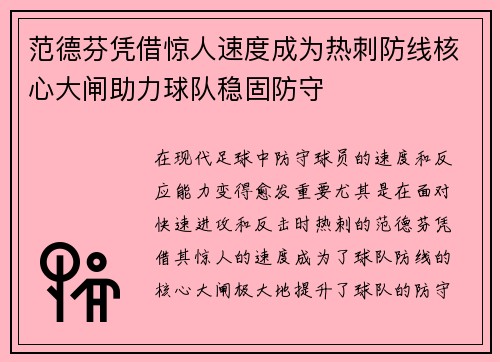 范德芬凭借惊人速度成为热刺防线核心大闸助力球队稳固防守 范德芬凭借惊人速度成为热刺防线核心大闸助力球队稳固防守