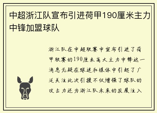 中超浙江队宣布引进荷甲190厘米主力中锋加盟球队