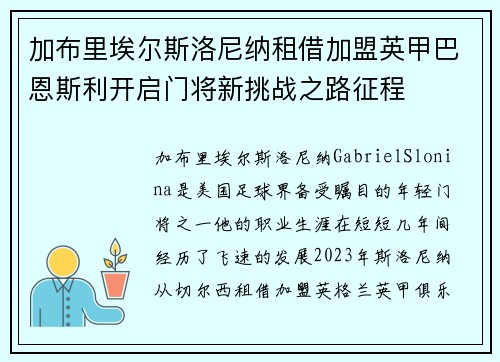 加布里埃尔斯洛尼纳租借加盟英甲巴恩斯利开启门将新挑战之路征程
